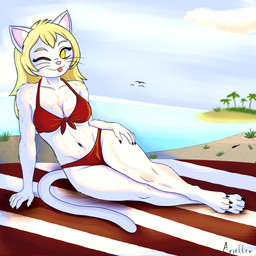 anthro bikini bikini_bottom bikini_top blonde_hair clothing feet female fur hair honorata nails solo swimwear tail tongue two-piece_swimsuit white_body white_fur yellow_eyes arietter44 domestic_cat felid feline felis mammal absurd_res hi_res
