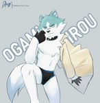 anthro bulge clothed clothing coat collar gloves handwear looking_at_viewer male shirtless solo topwear underwear underwear_only diam_snow brand_new_animal studio_trigger shirou_ogami canid canine canis mammal wolf hi_res