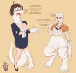 4_toes anthro_to_human bald blush breasts brown_hair business_suit clothing dialogue duo eyewear feet female glasses hair human_to_anthro long_neck membrane_(anatomy) mid_transformation navel nipples species_transformation standing suit surprise tail text toes transformation webbed_feet white_body white_skin thetransformtentacle dagashi_kashi overlord_(series) crusch_lulu hajime_owari human lizardman lizardman_(overlord) mammal reptile scalie 2019 english_text hi_res