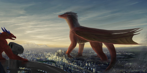 ambiguous_gender blue_horn building city cityscape claws cloud day destruction detailed_background duo feral folded_wings hair horn landscape_dwarfing macro male membrane_(anatomy) membranous_wings mountain open_mouth outside quadruped red_body red_scales scales sky spines standing sunset tail white_body white_eyes white_hair wings yellow_eyes themefinland european_mythology mythology chryosstormwing cirez dragon mythological_creature mythological_scalie scalie western_dragon detailed digital_media_(artwork) hi_res