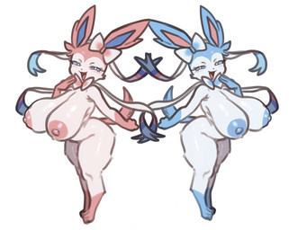 anthro anthrofied areola big_breasts blue_areola blue_body blue_ears blue_inner_ear blue_nipples blue_sclera blue_skin blue_tail blush bow_ribbon breasts cheek_tuft duo facial_tuft female female_anthro fluffy fluffy_tail head_tuft huge_breasts laugh nipples non-mammal_nipples open_mouth pink_areola pink_body pink_ears pink_inner_ear pink_nipples pink_skin pink_tail pokemorph puffy_areola pupils ribbons simple_background tail tuft white_background white_pupils ebora nintendo pokemon eeveelution generation_6_pokemon pokemon_(species) shiny_pokemon sylveon 2026 hi_res