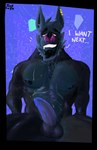 anthro balls big_penis black_body black_eyebrows black_fur blue_background blue_eyes blue_penis bodily_fluids chest_tuft cum cum_on_belly cum_on_body cum_on_chest cum_on_self cumshot dialogue drooling ejaculation eyebrows fur genital_fluids genitals hair humanoid_genitalia humanoid_penis male muscular muscular_anthro muscular_male nipples pecs penis purple_nose red_sclera saliva simple_background sitting smile solo teeth tuft vein veiny_penis this_is_fine bat human mammal absurd_res hi_res