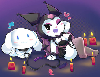 anthro big_breasts blue_eyes blush breasts buttplug candle collar condom_wrapper duo eyeshadow female fur glistening glistening_breasts heart_symbol hood leash long_socks looking_at_another makeup male male/female pillow plug_(sex_toy) purple_background sex_toy simple_background smile spade_tail sparkles sparkling_eyes tail white_body white_fur winking_at_another onigiri_punch cinnamoroll onegai_my_melody sanrio cinnamon_(cinnamoroll) kuromi canid canine imp mammal