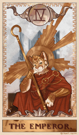 anthro brown_body brown_fur card clothing fur gold_(metal) gold_jewelry green_eyes jewelry major_arcana male red_clothing solo tarot tarot_card the_emperor_(tarot) white_body white_fur trinket_collector rikki_(purrma) cougar felid feline mammal 2025 absurd_res hi_res