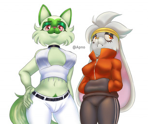 5_fingers anthro biped cheek_tuft clothed clothing duo facial_tuft female fingers fur green_body green_fur hair hand_on_hip long_ears looking_at_viewer looking_away navel pink_eyes pink_nose pubes red_eyes simple_background standing tail tail_tuft tuft white_background white_body white_fur white_hair apno nintendo pokemon generation_8_pokemon generation_9_pokemon pokemon_(species) raboot sprigatito archived_source