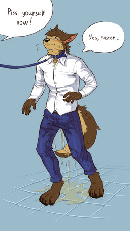 anthro barefoot blue_background blue_bottomwear blue_clothing blue_collar blue_jeans blue_pants blush bodily_fluids bottomwear brown_body brown_fur brown_hair claws clothing collar command denim denim_bottomwear denim_clothing desperation dialogue dominant feet fur genital_fluids hair jeans leash leashed_collar leashed_male male male_peeing obedient offscreen_character offscreen_dominant omorashi pants peeing peeing_on_ground peeing_on_leg peeing_on_self peeing_on_tail peeing_through_clothing peeing_through_pants shirt simple_background solo speech_bubble stained_clothing stained_pants standing submissive submissive_anthro submissive_male tail text topwear urine urine_drip urine_on_ground urine_on_leg urine_on_self urine_on_tail urine_pool urine_stain urine_stream urine_through urine_through_clothing watersports wet wet_bottomwear wet_clothing wet_pants wetting wetting_bottomwear white_clothing white_shirt white_topwear yellow_body yellow_fur yellow_urine nero228 cerffou canid canine canis mammal wolf absurd_res english_text hi_res