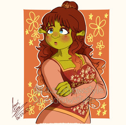 5_fingers blue_eyes blush breasts brown_hair collarbone crossed_arms crown ear_stalk eyebrow_through_hair eyebrows eyelashes eyeshadow female fingers freckled_chest freckles green_body green_skin hair hair_bun headgear lips long_hair makeup multicolored_hair no_pupils not_furry open_mouth outline pink_lips red_eyebrows red_eyeshadow red_hair red_mouth simple_background solo tan_dress text tiara translucent translucent_hair two_tone_hair wavy_hair white_outline asdrawstyle dreamworks shrek_(series) felicia_(shrek) humanoid ogre 2025 artist_name colored dated digital_drawing_(artwork) digital_media_(artwork) half-length_portrait hi_res portrait shaded signature spanish_description