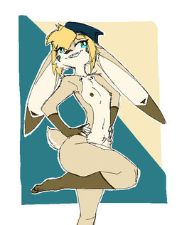 anthro blonde_hair breasts brown_body brown_fur clothing female fur hair hat headgear headwear nude one_leg_up raised_leg slim solo standing white_body white_fur hush_button derby_(mrbuttonboi) lagomorph leporid mammal rabbit