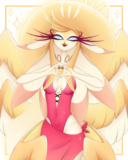 anthro blonde_hair blue_eyes breasts clothing eyelashes female flat_ears glowing glowing_eyes hair halo heart_symbol leotard long_ears long_eyelashes looking_at_viewer medium_breasts multi_wing nails narrowed_eyes navel non-mammal_breasts non-mammal_navel smile smiling_at_viewer solo spread_wings standing swimwear wings yellow_heart blue-monedula hazbin_hotel hellaverse speaker_of_god_(hazbin_hotel) angel avian deity 4:5 hi_res