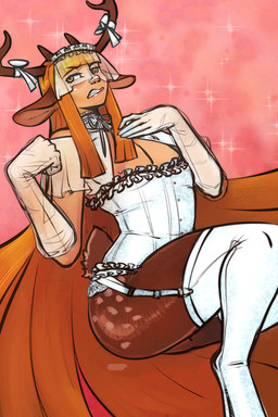 annoyed armwear blush bow_ribbon bridal_lingerie brown_body brown_fur bustier choker clenched_teeth clothed clothing corset elbow_gloves femboy fur garter_belt garter_straps gloves hair handwear hime_cut jewelry leggings legwear light_body light_skin lingerie long_hair looking_away male markings necklace nipples orange_eyes orange_hair ribbons scut_tail short_tail side_butt solo sparkles spots spotted_body spotted_fur stockings tail teeth topwear translucent translucent_clothing veil zerospanda felix_agalith animal_humanoid deer deer_humanoid faun humanoid mammal mammal_humanoid 2:3 absurd_res hi_res