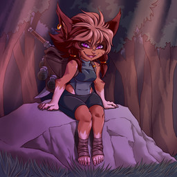 5_fingers 5_toes anthro backpack biped breasts claws clothed clothing cute_fangs ear_piercing explosives fangs feet female fingers grenade looking_at_viewer open_mouth open_smile outside piercing plant pupils purple_eyes rock shortstack shortstack_female sitting slit_pupils smile solo teeth toes tree weapon plagueofgripes league_of_legends riot_games tencent fan_character fia_(plagueofgripes) mammal yordle 1:1 2017 hi_res