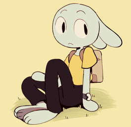ambiguous_gender anthro backpack barefoot biped black_eyes clock clothed clothing eyebrows feet grass looking_at_viewer pawpads plant raised_eyebrows simple_background sitting solo watch wristwatch yellow_background jaquin_s adventure_time cartoon_network y5_(adventure_time) lagomorph leporid mammal rabbit