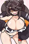 animal_humanoid animal_print bangs big_breasts bodily_fluids breasts brown_body brown_fur brown_hair cleavage clothed clothing cow_print drooling ear_piercing ear_ring female fur hair hair_over_eye hand_on_head hi_res huge_breasts humanoid jacket jacket_on_shoulders looking_at_viewer mammal mammal_humanoid one_eye_obstructed open_clothing open_jacket open_mouth open_topwear piercing procyonid procyonid_humanoid raccoon raccoon_humanoid raccoon_tail ring_piercing saliva short_hair sleightissue smile snuffy solo thick_thighs topwear vtuber yellow_eyes