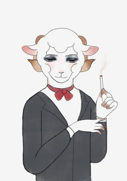 anthro cigarette cigarette_smoke clothed clothed_anthro clothed_male clothing ears_down fur holding_cigarette holding_object horn looking_at_viewer male pivoted_ears smoke solo suit wool_(fur) reynard_goodfellow reynard_the_baa bovid caprine mammal sheep hi_res