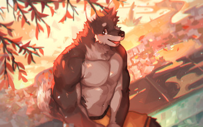 abs anthro biceps looking_at_viewer male muscular muscular_anthro muscular_male pecs poolside shirtless_anthro shirtless_male solo hemuchang canid canine canis mammal wolf 2022 absurd_res hi_res