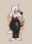 anthro beverage bubble_tea clothed clothing eyewear fur glasses looking_at_viewer male simple_background solo tail white_body white_fur capycorn jay_ward_productions mr._peabody_and_sherman mr._peabody beagle canid canine canis domestic_dog hunting_dog mammal scent_hound digital_media_(artwork) hi_res