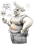 anthro antlers bandage belly biped burger cellphone clothing dialogue ear_piercing electronics exposed_belly facial_piercing food horn jewelry jock looking_at_viewer male musclegut muscular navel necklace nervous nipple_outline nose_piercing overweight overweight_anthro overweight_male phone piercing shirt short_tail simple_background smartphone solo speech_bubble stubble tail talking_to_viewer text thick_thighs tight_clothing tight_shirt tight_topwear topwear weight_gain white_background wristband wwwonderpuff deer mammal english_text hi_res monochrome shaded