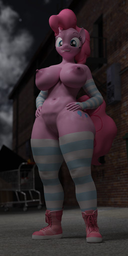 alley anthro areola armwear big_breasts blue_eyes blurred_background breasts brick brick_wall building clothing cutie_mark dark elbow_gloves erect_nipples eyebrows eyelashes female fingerless_gloves footwear genitals gloves grin hair hand_on_hip handwear legwear looking_at_viewer mostly_nude navel night nipples outside pattern_clothing pattern_legwear pattern_stockings pink_hair pose shadow shoes shopping_cart smile smoke sneakers solo standing stockings striped_clothing striped_legwear striped_stockings stripes teeth thick_thighs thigh_highs vulva wall_(structure) forsaken_(artist) friendship_is_magic hasbro my_little_pony pinkie_pie_(mlp) earth_pony equid equine horse mammal pony 2018 3d_(artwork) absurd_res digital_media_(artwork) full-length_portrait hi_res portrait