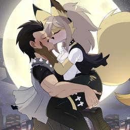alternative_fashion anthro beard big_breasts big_ears blush breasts clothed clothing detailed_background duo facial_hair female fluffy fluffy_tail goth hair human_on_anthro interspecies kiss_on_lips kissing male male/female muscular muscular_male ponytail punk romantic romantic_ambiance romantic_couple tail thick_thighs drawligator fay_(fennyfen_1) fenny_(fennyfen_1) canid canine fennec_fox fox human mammal true_fox digital_media_(artwork) hi_res