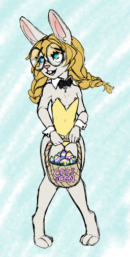 anthro areola basket black_bow_tie black_eyewear black_glasses bow_tie breasts brown_hair buckteeth clothing container cross easter_egg egg eyewear female front_view fur glasses green_eyes hair holding_basket holding_container holding_object holidays leotard long_ears long_hair looking_away nipples pink_areola pink_nipples pink_nose religious_neckwear shirt_collar shirt_cuffs small_breasts smile solo standing tan_body tan_ears tan_fur teeth yellow_clothing yellow_leotard young young_anthro young_female catalystconverter easter lagomorph leporid mammal rabbit 2025 digital_media_(artwork) signature
