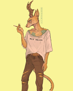 anthro bottomwear cigarette clothed clothing denim denim_bottomwear denim_clothing fully_clothed fur horn jeans male pants shirt simple_background solo standing t-shirt topwear torn_bottomwear torn_clothing torn_jeans torn_pants yellow_background yellow_body yellow_fur hoookerii beastars melon_(beastars) antelope bovid felid gazelle hybrid leopard mammal pantherine 2020 4:5 hi_res