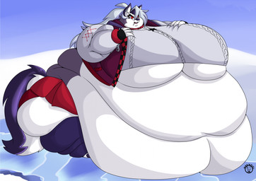 anthro belly big_belly big_breasts bottomwear breasts clothing double_chin female huge_belly huge_breasts immobile morbidly_obese morbidly_obese_anthro morbidly_obese_female multicolored_body navel obese obese_anthro obese_female overweight overweight_anthro overweight_female red_sclera skirt solo thick_thighs weight_gain white_eyes wide_hips madnevil hellaverse helluva_boss mythology loona_(helluva_boss) canid canid_demon canine demon hellhound mammal mythological_canine mythological_creature hi_res