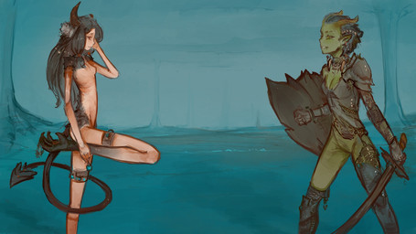 accessory armor black_hair breasts broken_horn claws cleavage clothed clothing duo ear_piercing ear_ring featureless_crotch female green_body green_eyes green_skin grey_hair hair hair_accessory hair_tie holding_object holding_weapon horn humanoid_pointy_ears jewelry legwear long_hair long_legs melee_weapon navel necklace nipples not_furry nude piercing pointy_ears ribs ring_piercing shield side_view small_breasts small_waist smile spade_tail standing sword tail thigh_highs toe_claws torn_clothing warrior weapon syvaron avy_(syvaron) demon demon_humanoid humanoid orc 16:9 hi_res widescreen