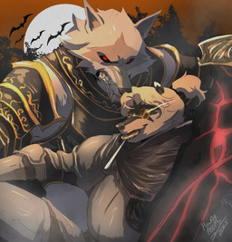 aggressive alternate_costume alternate_universe alternative_fashion angry anthro arm_armor armor bared_teeth breastplate candy cheek_tuft clothed clothing dessert duo eyewear facial_markings facial_tuft fangs food full_moon fur fuzzy glasses glowing glowing_eyes grey_body grey_fur growling hair half-closed_eyes head_markings leg_armor lollipop lollipop_in_mouth looking_at_viewer male markings mask_(marking) melee_weapon moon narrowed_eyes neck_tuft outside plant ponytail pose red_eyes red_sky serious serious_face showing_teeth sitting size_difference sky smile smirk snarling sword teeth tree tuft weapon wearing_glasses howdypeepos dreamworks elden_ring fromsoftware puss_in_boots_(franchise) death_(puss_in_boots) fan_character bat canid canine canis mammal procyonid raccoon wolf crossover hi_res signature