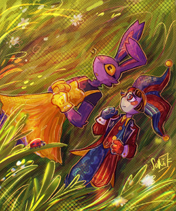 anthro black_clothing black_shirt black_t-shirt black_topwear blue_clothing blue_gloves blue_handwear clothing dress duo female field flower fool's_hat fur glistening glistening_eyes gloves handwear hat headgear headwear jester_outfit plant pupils purple_body purple_fur rabbit_ears red_clothing red_gloves red_handwear shirt smile smiling_at_another square_pupils t-shirt topwear wide_eyed yellow_button yellow_clothing yellow_dress yellow_gloves yellow_handwear yellow_sclera soni7 glitch_productions the_amazing_digital_circus jax_(tadc) pomni_(tadc) arthropod beetle cucujoid human insect ladybug lagomorph leporid mammal rabbit 5:6 hi_res signature trans_(lore) trans_woman_(lore)