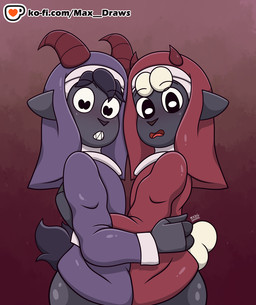 anthro blush butt clothed clothing duo femboy horn hug looking_at_viewer male nun nun_outfit open_mouth side_view simple_background max_draws cult_of_the_lamb ko-fi massive_monster_(studio) goat_(cult_of_the_lamb) lamb_(cult_of_the_lamb) bovid caprine goat mammal sheep cel_shading hi_res shaded