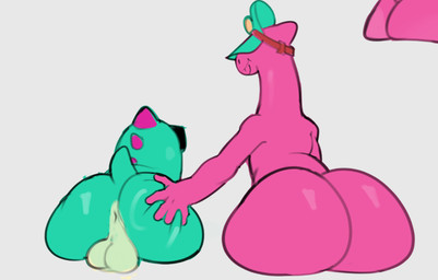 anthro anus big_butt butt butt_focus butt_grab duo eyewear genitals green_body green_skin hand_on_butt huge_butt male male/male pink_body simple_background sunglasses tail toony pochiiwa brawl_stars supercell_(company) buzz_(brawl_stars) doug_(brawl_stars) canid canine dinosaur mammal prehistoric_species reptile saurischian scalie theropod tyrannosaurid tyrannosauroid tyrannosaurus tyrannosaurus_rex