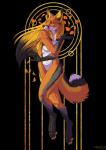 abstract_background anthro art_nouveau black_background breasts casual_nudity digitigrade feet female fur gloves_(marking) hindpaw leaf leg_markings markings nude orange_body orange_fur paws simple_background smile socks_(marking) solo under_boob yellow_eyes winterbalg reyna_(reynafox) canid canine fox mammal