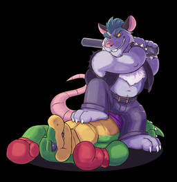 3_toes anthro black_background bottomwear boxing_gloves clothing duo feet green_body grey_body handwear humanoid_hands lying male pants simple_background smile toes violence spectral-bat brok_the_investigator cowcat_games brok_(brok_the_investigator) squealers_chief alligator alligatorid crocodilian mammal murid murine rat reptile rodent scalie 2025 hi_res