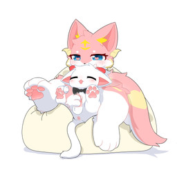anus bell blush bodily_fluids dominant dominant_female duo eyes_closed female feral fur genital_fluids genitals halo handjob head_markings heart_eyes heart_symbol larger_dom larger_female looking_at_viewer male male/female markings multicolored_body multicolored_fur paws penile penis pink_body pink_fur precum sex sitting size_difference smaller_male toony white_body white_fur neisawa kiri_(kirichiiii) neisawa(neisawawww) canid canine fox mammal 1:1 absurd_res hi_res