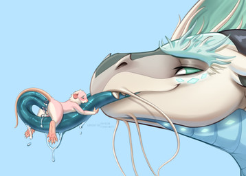ambiguous_gender anal anal_penetration anus blue_tongue duo extreme_size_difference female female/ambiguous feral fur green_sclera larger_ambiguous larger_feral macro oral pawpads penetration pink_anus pink_pawpads rimming sex size_difference smaller_female smaller_feral teeth tongue tongue_out white_body white_fur gorchitsa_(artist) mythology gorchitsa dragon mythological_creature mythological_scalie scalie absurd_res hi_res
