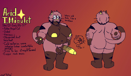 anthro arm_hair ball_sag balls belly big_breasts black_hair_tip black_markings body_hair breasts butt cellulite chest_tuft cute_fangs eyewear fangs front_view genitals glasses gloves_(marking) gradient_penis gynomorph halo huge_breasts intersex jewelry leg_markings long_penis markings navel necklace nipples pawpads penis pubes rear_view rectangular_glasses slightly_chubby slightly_chubby_gynomorph slightly_chubby_intersex socks_(marking) solo tail teeth text thick_arms tongue top_heavy tuft whiskers yellow_fangs yellow_nose yellow_pawpads yellow_tongue felineflustered acid_(felineflustered) angel domestic_cat fallen_angel felid feline felis mammal english_text model_sheet trans_(lore) trans_woman_(lore)