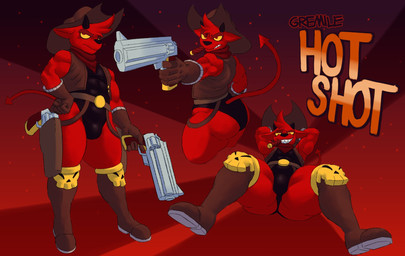 anthro boots bulge butt clothed clothing cowboy_hat eyebrows footwear fur gun handgun hat headgear headwear leotard male pistol ranged_weapon red_body red_eyes red_fur revolver shoes skimpy spade_tail spread_legs spreading tail weapon yellow_sclera alnoodle kings_of_hell gremile_'hotshot' demon imp hi_res