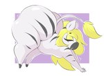 anthro ass_up bent_over big_butt blonde_hair butt hair hand_on_floor huge_butt male markings nude open_mouth solo stretching thick_thighs white_body yellow_eyes arizonathevixen zeke_(arizonathevixen) equid equine mammal zebra hi_res