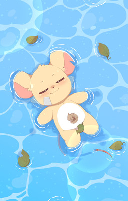 anthro balls barely_visible_balls barely_visible_genitalia biped blush eyes_closed genitals leaf lying male smile solo young toruu mammal mouse murid murine rodent 2026 absurd_res hi_res
