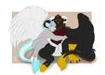 anthro cuddling duo facial_piercing hooves horn male male/male nose_piercing nose_ring piercing ring_piercing tail wings palehorntea atremath gabriel_(acluelessbull) avian bovid bovine cattle hybrid mammal