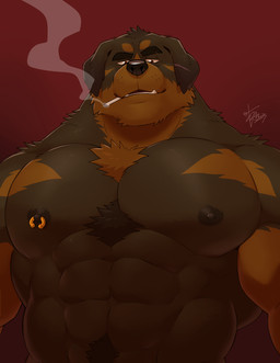 abs anthro biceps black_body black_fur black_nipples brown_body brown_eyes brown_fur chest_tuft cigarette clothed clothing deltoids ear_scar eyebrow_slit eyebrows floppy_ears folded_ears fur looking_at_viewer male muscular muscular_anthro muscular_male nipple_piercing nipple_ring nipples pecs piercing pubes red_background ring_piercing scar simple_background smoking smoking_cigarette solo topless tuft takemoto_arashi rennin canid canine canis domestic_dog mammal mastiff molosser rottweiler 2023 absurd_res colored hi_res signature