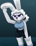 angry annoyed anthro blue_bottomwear blue_clothing blue_shorts boots bottomwear breasts clothing curvy_figure eyelashes female fluffy fluffy_hair footwear frown fur gesture grey_body grey_fur hair hand_gesture long_ears looking_up middle_finger ponytail purple_eyes raised_arm shirt shoes short shorts simple_background solo tank_top topwear white_body white_fur guak ashely_winters_(guak) humanoid lagomorph leporid mammal rabbit absurd_res hi_res