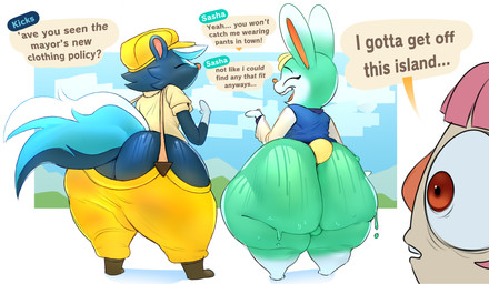 ambiguous_gender anthro backsack balls big_butt black_body black_fur blue_body blue_clothing blue_fur blue_topwear bodily_fluids bottom_heavy bottomwear butt casual_exposure cheek_tuft clothing dialogue exclamation_point eyes_closed facial_tuft femboy fur genitals gloves_(marking) group hair happy headgear headwear leg_markings long_ears looking_at_butt male markings open_mouth pants pink_hair pink_nose question_mark rear_view red_eyes shortstack shortstack_male small_tail smile socks_(marking) speech_bubble standing suspenders sweat sweaty_butt tail talking_to_another text thick_thighs topwear trio tuft white_markings wide_eyed wide_hips yellow_bottomwear yellow_clothing yellow_headwear yellow_pants iamapoliceman animal_crossing nintendo kicks_(animal_crossing) sasha_(animal_crossing) villager_(animal_crossing) human lagomorph leporid mammal mephitid rabbit skunk 2025 english_description english_text hi_res