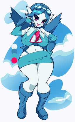 anthro arm_on_hip arm_on_thigh arm_pads arm_warmers armwear big_breasts blue_clothing blue_hair blue_sky boots bottomwear breasts cleavage_cutout clothing cloud cloudy_sky color_swatch cutout elbow_gloves eyewear eyewear_on_head female fingerless_gloves footwear gloves goggles goggles_on_head hair handwear looking_at_viewer nipple_outline pink_eyes shoes short_hair skirt sky skyscape smile solo thick_thighs thong tongue tongue_out underwear whiskona_(nickzilla) white_body wide_hips wings nupi nintendo pokemon gardevoir generation_3_pokemon humanoid latios legendary_pokemon pokemon_(species) hi_res