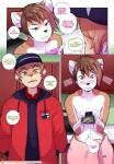 2017 adrian_iliovici anthro appliance blush canid canine clothed clothing comic countershading dialogue digital_media_(artwork) duo electronics english_text eye_contact fox girly hands_behind_back hat headgear headwear hi_res kitchen_appliance looking_at_another male mammal microwave_oven milo_stefferson mustelid open_mouth otter patreon patreon_logo phone size_difference smile speech_bubble standing text tokifuji topless towel url website_logo