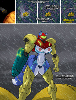 anthro arm_cannon big_breasts breasts clothing dialogue female nipples profanity raining ranged_weapon solo text torn_clothing weapon zero_suit doctor_awesome metroid nintendo star_fox krystal_(star_fox) samus_aran canid canine fox mammal absurd_res comic english_text hi_res
