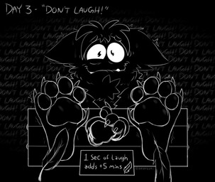 bite biting_lip biting_own_lip black_background chest_tuft claws feet finger_claws fur fur_tuft hair looking_at_viewer loose_feather pawpads paws restrained restraints self_bite simple_background solo stocks text tickle_fetish tickle_torture tickling tickling_feet toe_claws trying_not_to_laugh tuft teddypaws unknown_species english_text hi_res monochrome