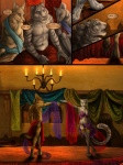 3:4 amon_(rukis) anthro barefoot bra breasts candle canid canine canis ceiling_lamp chandelier claws clothed clothing collar comic dancing dhaval_(character) dialogue digital_media_(artwork) digitigrade english_text feet felid female fox group hindpaw inside isolde_(rukis) jackal lamp leucistic light lighting male mammal metal_collar murid murine open_mouth open_smile pantherine pawpads paws piercing rat red_lantern rodent rukis smile snow_leopard speech_bubble tail text tiger toe_claws topless underwear