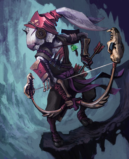 anthro arrow_(weapon) bone bottomwear bow_(weapon) clothing dagger eye_patch eyewear fur grey_body grey_fur holding_bow_(weapon) holding_object holding_ranged_weapon holding_weapon male melee_weapon pants ranged_weapon red_clothing skull solo standing weapon bleats hex:_shards_of_fate lagomorph leporid mammal rabbit 2013 absurd_res digital_media_(artwork) hi_res official_art