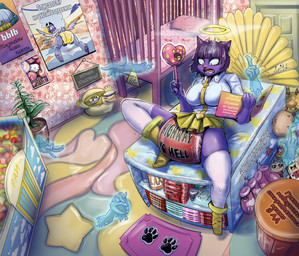 abdl ambiguous_gender anthro big_diaper cat_stockings cat_tail changing_table clothed clothing cross diaper egg female female_focus furniture group halo holidays humiliation humor inverted_cross orange_eyes paddle purple_body rattle solo_focus table text wearing_diaper arita_tian easter hellaverse helltaker helluva_boss azazel_(helltaker) collin_(helluva_boss) domestic_cat felid feline felis mammal absurd_res hi_res russian_text translation_check translation_request